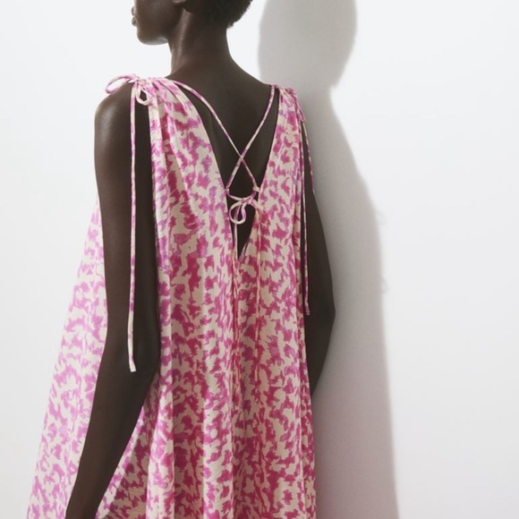 h&m tie detailed crepe v neck Maxi dress Pink Cream Loose Fit S/M - Picture 3 of 14
